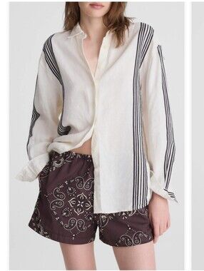 Madewell Vertical Stripe Linen Blend Button-Up Shirt SzM $110 White Black Sample